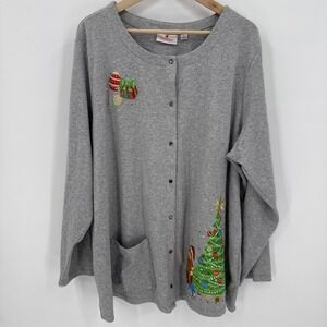 Quacker Factory Womens Gray Christmas Embroidered Cardigan Size 3X Holiday